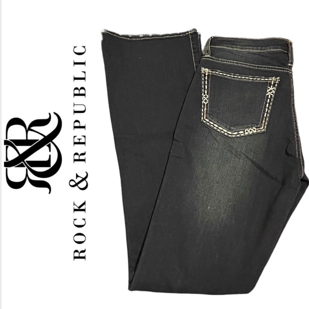 Rock & Republic Kasandra Dark Blue Embroidered Denim Jeans Sz 6M EUC